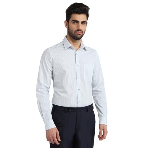 Image of Raymond Men Slim Fit Stripe Pattern Pure Cotton Semi Cutaway Collar Full Sleeve Formal Shirt