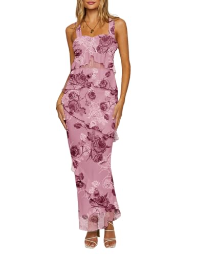 Robe longue moulante avec volants superposés et imprimé fleurs roses XL