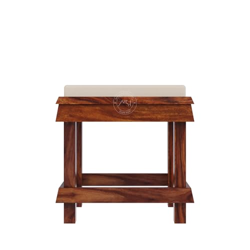 Image of NSH Handcrafted Solid Sheesham Wood Trapezium Stool with Cushion | Premium, Multipurpose Side Table, Footrest for Living Room, Bedroom, and Outdoor Use | Honey Finish, 1 Wooden Stool