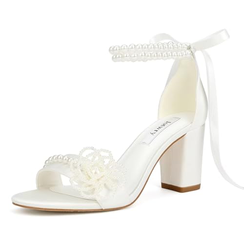 Pearl Heels Wedding Shoes for Bride Open Toe Bridal Shoes Block Heel Wedding Sandals