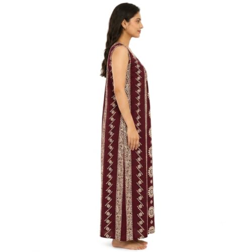Image of JAYAS Women's Cotton Nighty | Rajwadi Print Maxi Night Gown | Sleeveless Round Neck Long Nighty | Soft Breathable Cotton Sleepwear | Printed Home Wear Lounge Wear | Full Length House Dress