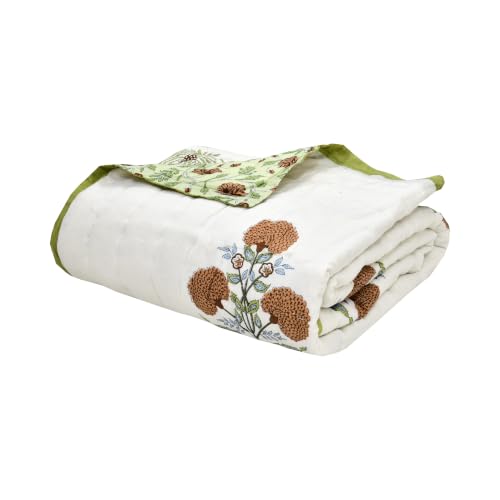 Image of BLOCKS OF INDIA Cotton Single Size Quilt Hand Block Print for Light Winters (60x90 Inches) (Open Green Motifs)