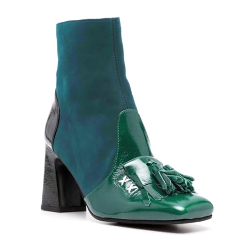 SHODENSE Women Tassel Boots High Chunky Block Heel Square Toe Ankle Booties Fringe Two-Toned Side Zipper Short Combat Boots Patent Suede Patchwork Dress Boots Vintage Chic Fall Boot Office 4-11 M US2