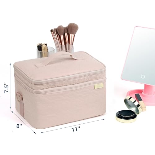 NISHEL Extra Large Double Layer Travel Makeup Bag Women, Cosmetic Organizer Case, Essentials Accessories with Shoulder Strap for Bottles, Brushes, Conditioner, Skin Care Products, Pink by NISHEL - Image 6