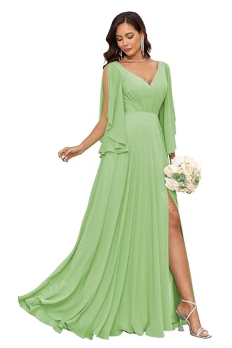 Image of HUUTOE Sage Green Junior Bridesmaid Dress 2026 Modest Chiffon V Neck Ruffle Sleeve Long Formal Dresses for Wedding Guest with Slit XL US16