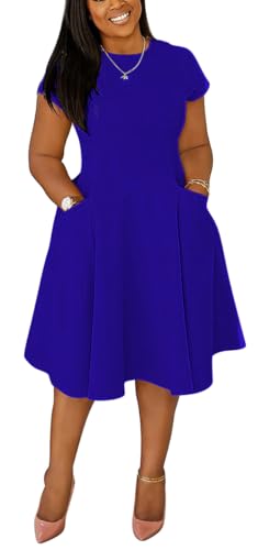 Image of Summer Dresses for Women Semi-Formal Fit Casual Slim Short Sleeve O-Neck Elegant Swing A Line Midi Dresses with Pockets