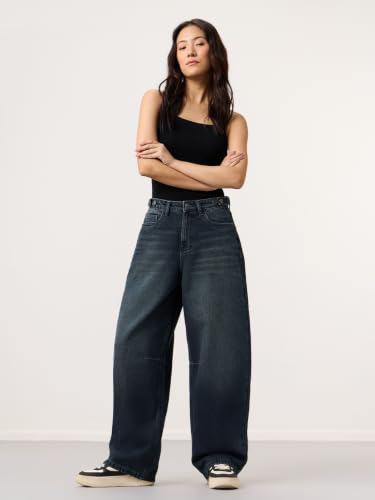 Image of The Souled Store: Barrel-Fit Denim: Women and Girls Washed Cotton Twill Barrel Fit Lightweight Adjustable Rise Everyday Casual Denim Jeans