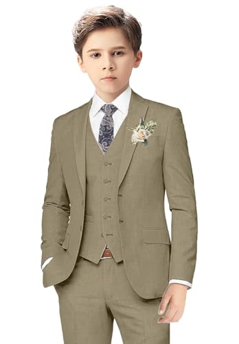 KEYWANTS Baby Boy Khaki Suit for Toddler Tuxedo for Beach Wedding 2T Kids Formal Dress Linen Suit Jacket Vest Pants Set