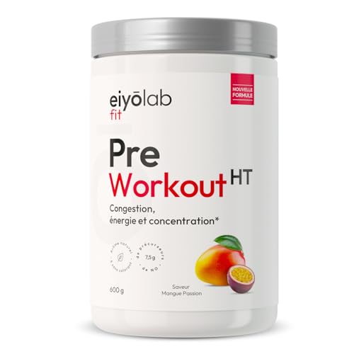 PRE WORKOUT HT | Booster Musculation sans Créatine | 3g de Bêta-Alanine + 3g de L-Arginine + 4g de Citrulline + 200mg de Caféine | Énergie + Congestion Musculaire | 600g | Mangue Passion | Eiyolab
