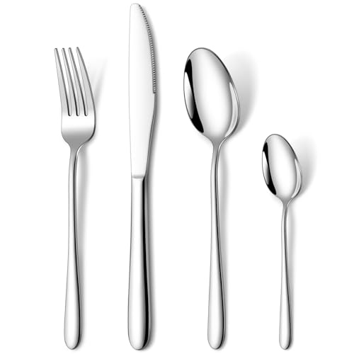 Cutlery Set for 4 People, 16 Pieces Stainless Steel Knife and Fork Sets, Mirror Polished Silverware Flatware Set, Classic Simple Design Easy Clean Dishwasher Safe