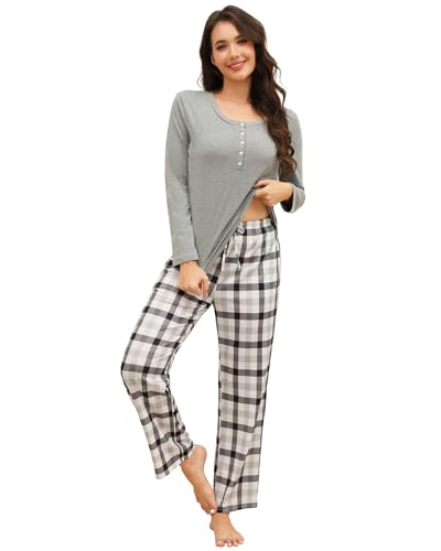 Pijama Mujer Algodon Estampado Pijamas Mujer Cuello Redondo Top de Manga Larga y Pantalones con Bolsillos