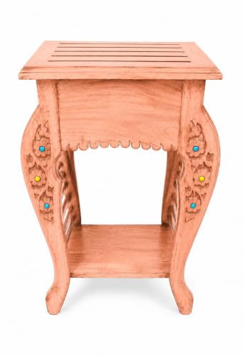 Image of Multipurpose Table Outdoor Indoor Stool Flower Vase Stool with One Drawer Material Mango Wood Size 30.5CM x 30.5CM x 53.3CM (Lite Orange Antique)