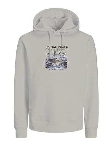 Image of JACK & JONES Mens Graphic Print Hoodie, Pullover with Drawstring Hood & Long Sleeves Sweatshirt for Men, Moonbeam Colour, UK Size L