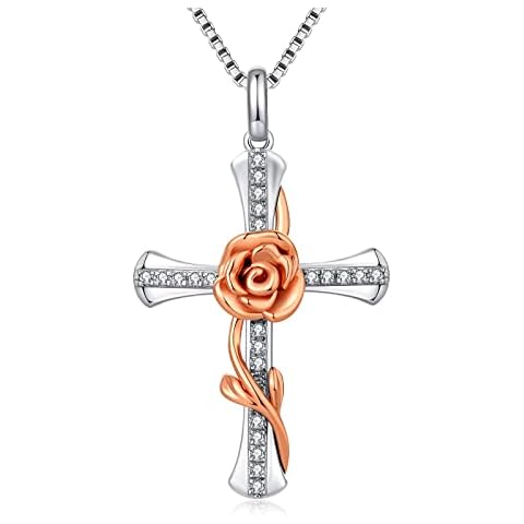 jiamiaoi 18K White Gold Plate Brilliant Cross Necklace with Amber 925 Sterling Silver Cross Chain Cross Wings Pendant Necklace Cross Rose Chain Silver 925 Women's Rose Pendant Necklace Cover