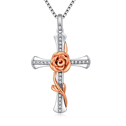 jiamiaoi Colliers Croix en Argent 925/1000 pour Femmes Pendentif Crucifix Croix Collier rose Pendentif Croix en or rose Pendentif Croix Femme Argent Fleur Pendentif Rose Infini pour femme fille Cover