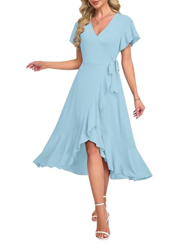 Image of AUSELILY Women Summer Midi Dresses Wrap Short Flutter Sleeve Elegant Dress | High Slit,High-waisted,Ruffled Hem,V-Neck,Fixed-strap Design,Skin-Friendly,Breathability,Wedding Guest Dresses