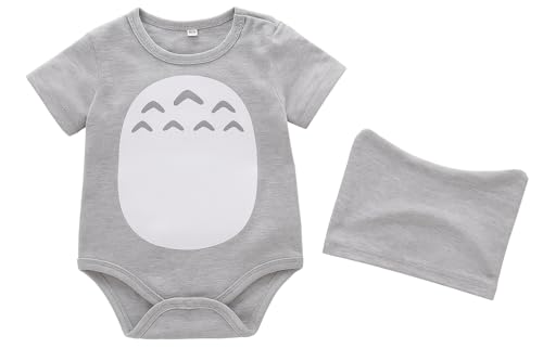 Image of stylesilove Unisex Baby Boys Girls Grey Short Sleeve Cotton Romper with Hat 2pcs Cartoon Summer Outfit