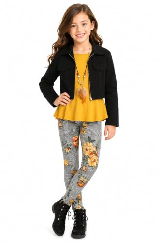 Image of iGirlDress Girls 4 Pieces Pant Set Long Sleeve Jacket Necklace Floral Plaid Pant 4-16