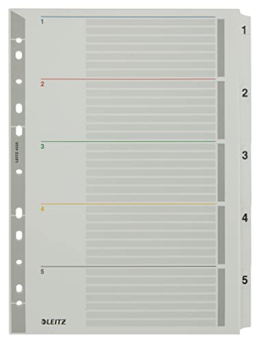 Leitz Register für A4, Laminiertes Deckblatt und 5 Trennblätter mit Zahlenaufdruck 1-5, Lochrand und Taben folienverstärkt, Überbreite, Grau, Karton, 43300000