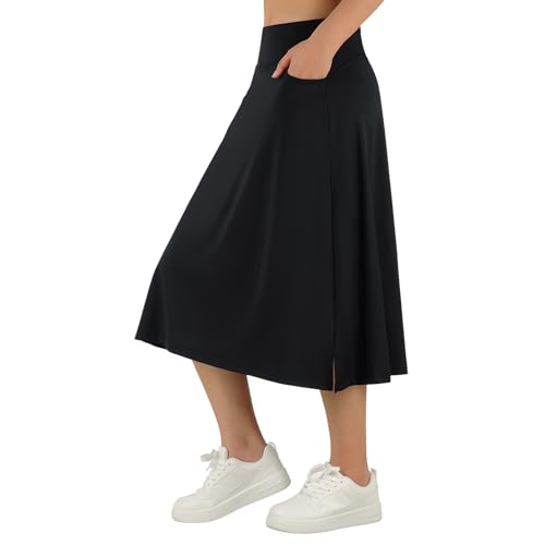 ANIVIVO Women's 28" Long Skirts Midi Skirt Modest Athletic Skirt Knee Length Skirts with Pockets(Black,M)
