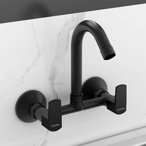 Image of Plantex Sink Mixer Tap for Kitchen with 360 Swivel Spout /Hot and Cold Water Tap with Wall Flange and Teflon Tape /Brass Spindle Sink Tap (Saga-Black)
