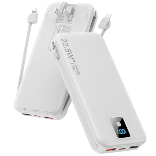 Banco de energía portátil, 12000 mAh, 22,5 W, cargador de teléfono de carga rápida con cables integrados y enchufe de pared, batería esencial de viaje con pantalla LED, banco de carga de batería USB C