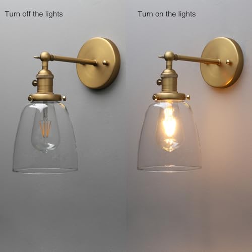 Image of PERMO Industrial Vintage Sconce with Oval Cone Clear Glass Shade 1 Light Single Sconce Wall Light for Living Room Bedroom (Antique Gold)