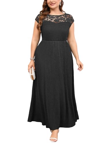 ZOMVA Plus Size 0X-4X Embroidery Lace Formal Long Dress Scoop Neck Cap Sleeve Aline Dress Mother of Bride Groom Wedding Guest