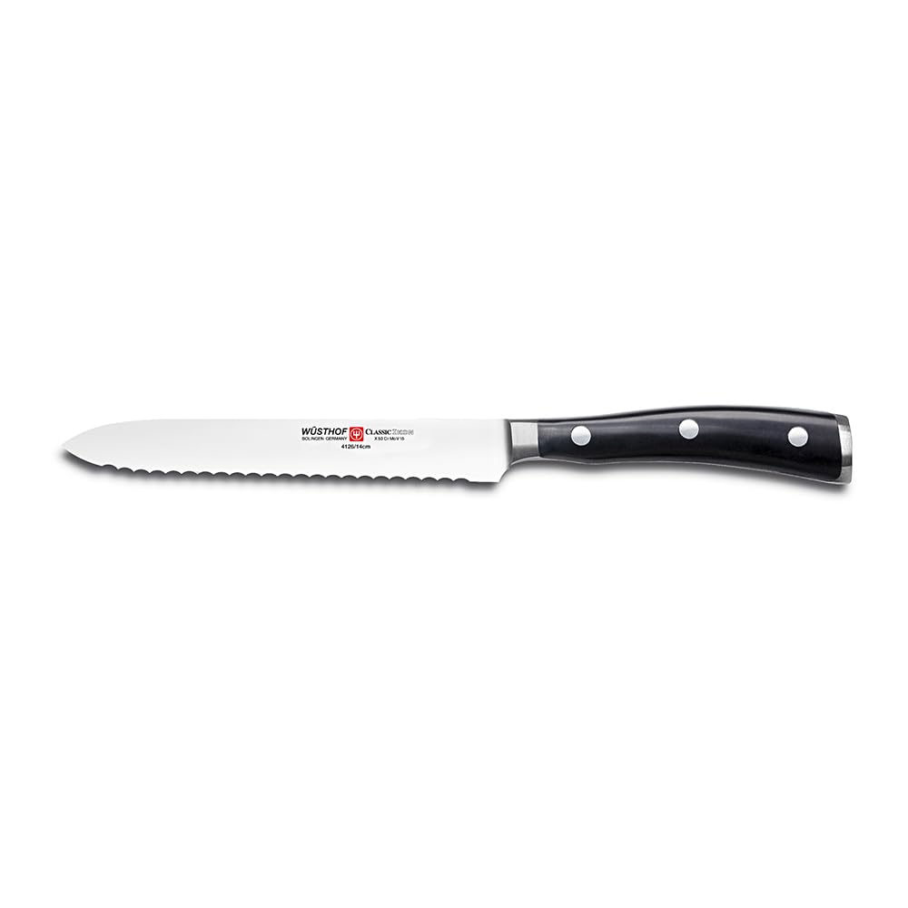 Wusthof Classic Ikon 5-Inch Serrated Utility Knife, Black