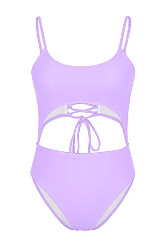 Image of Meyeeka Womens Scoop Neck Cut Out Front Lace Up Back High Cut Monokini One Piece Swimsuit