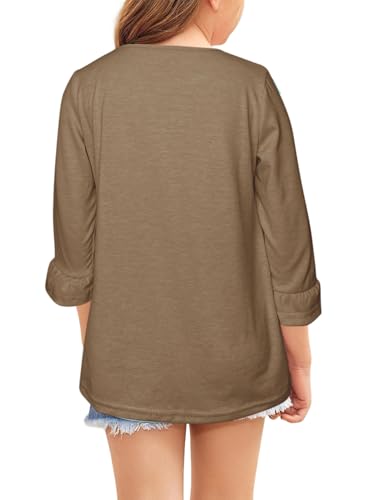 Image of Girls Summer 3 /4 Length Sleeve Tops Casual Cute Shirts Ruffle Bell Sleeve Front Pleated Blouses