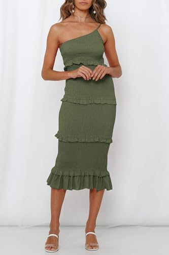 Image of PRETTYGARDEN Women's Summer Midi Bodycon Dresses One Shoulder Strappy Tiered Ruffle Floral Boho Sun Dress