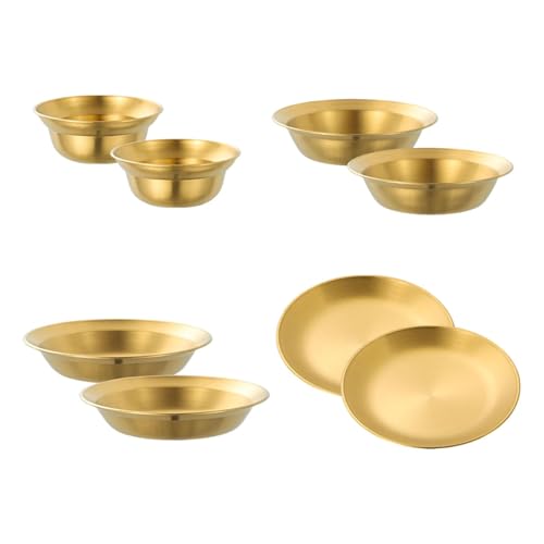 QSTDGVPW Stainless Steel Plates and Bowls Dinnerware Set Cutlery Camping Utensils Outdoor Tableware for Travel RV Picnic Barbecue, 8PCS Gold