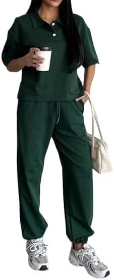 HipGlamp Women's Casual 2 Piece Athleisure Set Short Sleeve Polo Top Jogger Pants Loose Fit for Lounge Travel