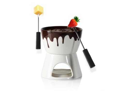 Kellegour Juego de fondue de chocolate de porcelana, juego de fondue de chocolate de cerámica, con 2 tenedores, fondue de chocolate para cenas familiares, postres, picnics, fiestas de cumpleaños,