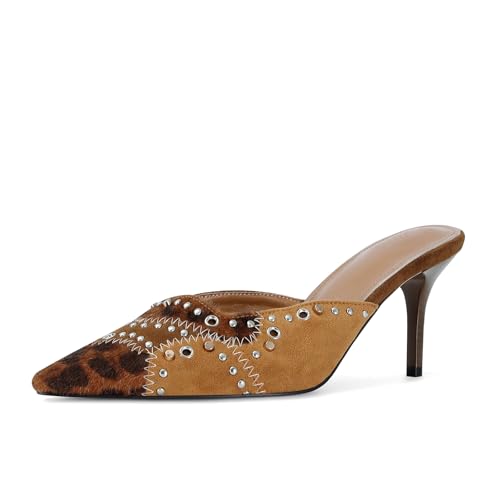 Image of DOEYG Women Pointed Toe Bow Heels Mules Slip on Stiletto Heels Sandals Dress Party Wedding Studded Heels Pumps