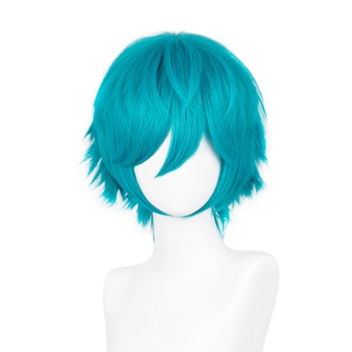 Image of LABEAUTE Short Cyan Anime Cosplay Wig Male Men Anime Layered Unisex Heat Resistant Hair Wig with Bangs for Party and Halloween for Gift + Free Cap