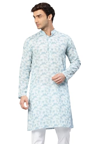 Image of Majestic Man Men's Cotton Regular Fit Casual Mandarin Collar Ethnic Motifs Printed Long Regular Kurta