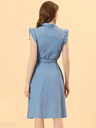 Image of Allegra K Women's Ruffled Sleeve Casual Office Dress Tie Waist Button Down Cotton Shirt Dresses Small Dusty Blue
