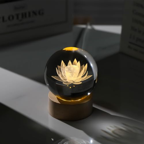 3D Engraving Lotus Flower Figurine Crystal Ball with Wooden Light Base, Glass Lotus Flower Lamp Gifts for Women Decorative Glass Ball Paperweight