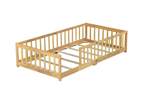 Twin Size Montessori Toddler Floor Bed with Wood Slats for Girls and Boys, Wood Montessori Bed Frame with Safety Guardrails, No Box Spring Needed, Natural