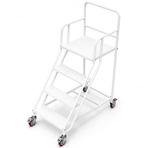Image of 4 Step Rolling Ladder with Handrails, 880 lbs Capacity Heavy Duty Steel Mobile Warehouse Ladder with Locking Wheels, Non-Slip Rolling Stairs with Large Platform for Garage, Stockroom, Library