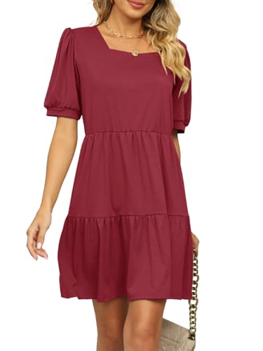 crazy bean Vestido Verano Mujer Casual Vestidos Boho Chic Vestidos Cortos con Volantes Cuello Cuadrado de Fiesta Playa Elegantes Large Cintura Alta Rojo XL