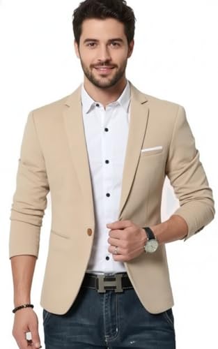 Image of Men's Beige Blazer, Single Button, Formal Casual Wear, Slim Fit