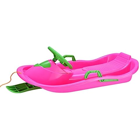 GL-GDD Heavy Duty Snow Sledge, Thickened Ski Board, Unisex Plastic Toboggan with Steering Wheel, Kids Adults Sleigh Sled, Use on Snow/Ice/Grass/Sand,Pink Cover