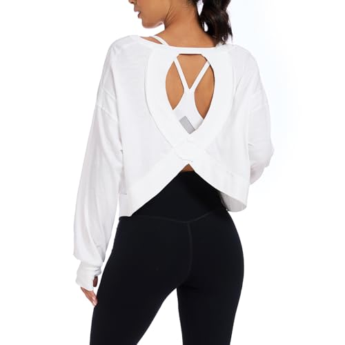 denking Women Open Back Workout Tops 100% Cotton Long Sleeve Shirts Yoga Athletic Gym Pilates Crop Cute Summer Oversize Tees(White S)