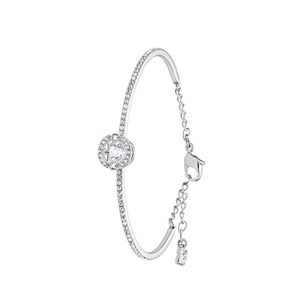 SWAROVSKI-Womens-Sparkling-Dance-Round-Jewelry-Collection-Rhodium-Finish-Blue-Crystals-Clear-Crystals Swarovski Sparkling Dance Round Bangle Bracelet with a White Swarovski Crystal Surrounded by Matching Crystal Pavé on a Rhodium Plated Band