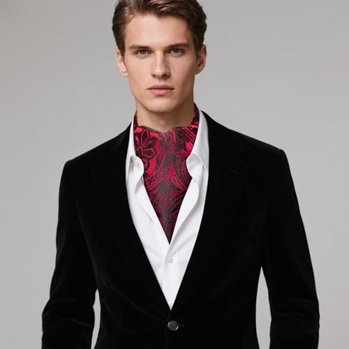Image of Hi-Tie Silk Ascot for Men Self Tie Men's Cravat and Flower Lapel Pin Handkerchief Cufflinks Set for Wedding Party