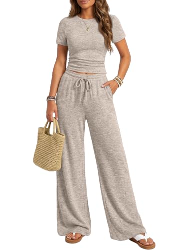 Trendy Queen Womens Lounge Two 2 Piece Sets Summer Spring 2026 Airport Outfits Travel Matching Sweatsuit Sweat Suit Workout Cruise Clothes Vacation Loungewear Pajamas Fashion Holiday Khaki M