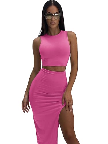 Image of ELLEVEN Sexy 2 Piece Maxi Skirt Sets for Women, Going Out Outfits | High Stretch, Lightweight, Slim Fit, Sleeveless Knit Crop Tank Top, High Slit Skirt Dress Set, Summer Date Night Outfits